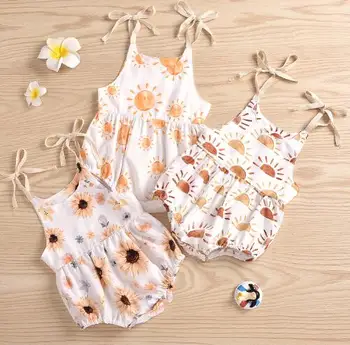 0-2Y Toddler Bebek Kız Giysileri Çiçek Baskı Romper Kolsuz Kayış Bodysuit Şort Tulum Yenidoğan 2023 Yaz Sevimli Kıyafetler