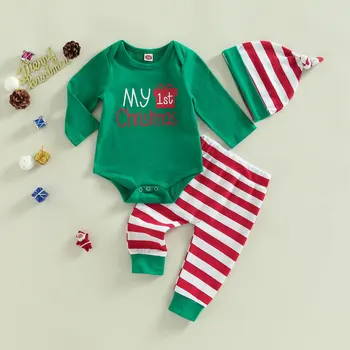 2022-10-07 Lioraitiin0-12M Noel Bebek Kıyafetleri Mektup Baskı Uzun Kollu Tulum Rahat Çizgili Pantolon şapka seti Bebek Erkek Kız