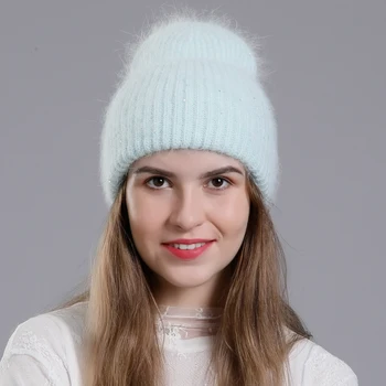 2023 Kış Şapka Moda Gerçek Tavşan Kürk Şapka Kadınlar İçin Sıcak Skullies Beanies Payetler İle Yüksek Flanş Örme Kapaklar