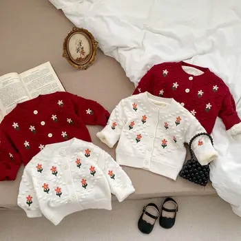 2023 Sonbahar Kış Bebek Kız Kazak Pamuk Örme Nakış Artı Kadife Sıcak Bebek Kız Ceket Toddler Kız Ceket