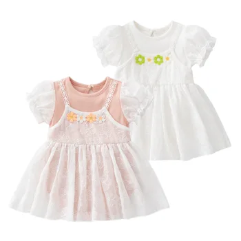 2023 Yaz Bebek Kız Elbise Pamuk Kabarcık Kısa Kollu Dantel Yenidoğan Kız Elbise Çiçek Yamalı Sarılmış Bebek Kız Kıyafetler