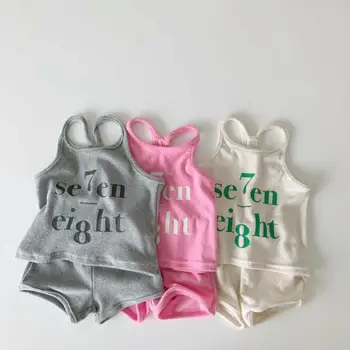 2023 Yaz Yeni Bebek Kolsuz Sling Giyim Seti Çocuk Mektubu Baskı Yelek + Şort 2 adet Takım Elbise Bebek Kız T Shirt Kıyafetler