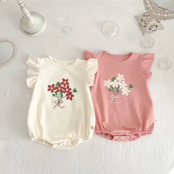 2023 Yeni Bebek yaz giysileri Bebek Kız Giysileri Sevimli Bebek Kız Tulum Bebekler Uçan Kollu Çiçek Romper