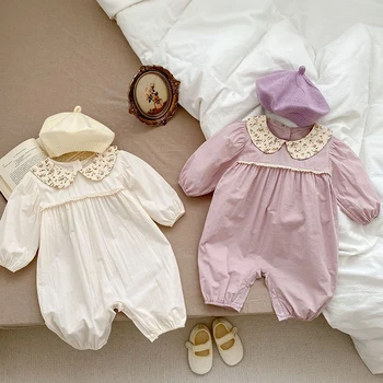 2023 Yeni Sonbahar Bebek Bebek Kız Tulum Uzun Kollu Pamuklu Çiçek Baskı Ekleme Toddler Bebek Romper Çocuk Giysileri
