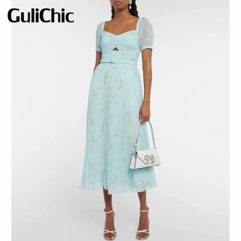 7.1 GuliChic Kadın Plaj Moda Çiçek Baskı Sevgiliye Boyun Hollow Out Backless Kemer İle Yüksek Bel Pilili Elbise