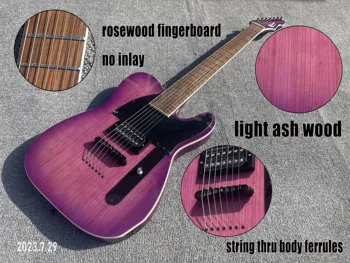 7 Dizeleri Elektro Gitar Katı Kül Vücut Akçaağaç Boyun Seti Katıldı Kafa Üst Olarak Aynı Gövde Rengi Açık Mor Patlama Dize Thru Bod