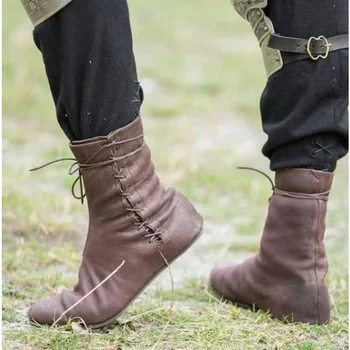 Artı Boyutu 36-48 erkekler Cosplay Çizmeler kadın Deri Çizmeler Şövalye Çizmeler Çift ayakkabı ayak bileği bağcığı Çizmeler Retro İngiliz Çizmeler Erkekler için