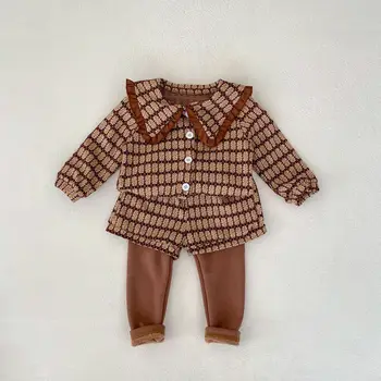 Bebek Kız giyim setleri 2023 Sonbahar Yürümeye Başlayan Kazak Takım Elbise Yaka Yaka Hırka Ceket+Kadife Pantolon Moda Kız İki Parçalı Set