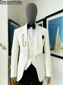 Beyaz Ekose Üç Adet Erkek Takım Elbise Erkek Blazer (Ceket + Yelek + Pantolon)