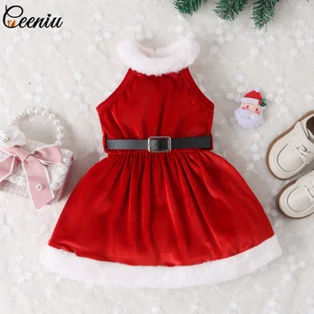 Ceeniu Çocuklar Noel Elbiseler Kızlar Için Yüksek Boyun Peluş Kırmızı Kadife Kuşaklı Elbise Noel Giysileri Bebek Kız Için Yeni Yıl Kostüm