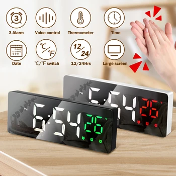 Dijital alarmlı saat Saat Ses Kontrolü Sıcaklık Erteleme Gece Modu Masaüstü Masa Saati 12 / 24H Anti-rahatsız Fonksiyonu LED Saatler İzle