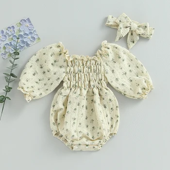 FOCUSNORM 0-18M Sonbahar Bebek Kız Sevimli Romper Setleri Uzun Puf Kollu Çiçek Baskı Tulumlar Kafa Bandı ile