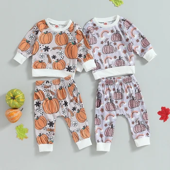 FOCUSNORM 0-24M Toddler Bebek Kız Erkek cadılar bayramı kıyafetleri Setleri 2 adet Kabak Baskı Uzun Kollu Tişörtü Pantolon