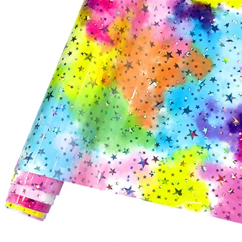 Gökkuşağı degrade yıldız desen moda doku suni deri 46x135 cm PU kumaş el sanatları için deri küpe yay çanta dikiş