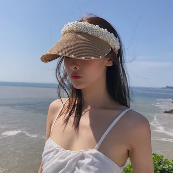 Hasır Şapka kadın Yaz El Yapımı İnci Plaj Çim Üstsüz Şapka kadın Güneş Geçirmez güneş şapkası Kore Tarzı İnternet Ünlü Doruğa