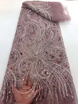 High-End Ağır Boncuklu Afrika Dantel Kumaş Pullu Taşlar Nakış Fransız Tül Dantel Yüksek Kalite Boncuklu Dikmek İçin düğün elbisesi