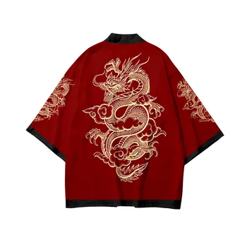 Iki parçalı Takım Elbise Japon Hırka Erkekler Cosplay Ejderha Baskı Yukata Harajuku Kırmızı Kimono Şort Setleri Patchwork Asya Geleneksel