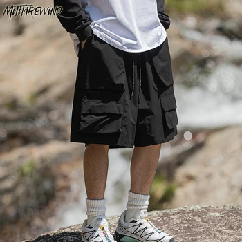Japon Yaz Rahat Gevşek Baggy Şort Erkekler Cep Büyük Boy Açık Katı Elastik Bel Yüksek Sokak Streetwear Erkek Şort