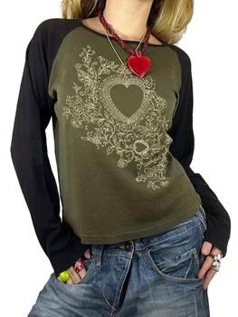 Kadın T-shirt Vintage Uzun Kollu Ekip Boyun Kalp Baskı Bayanlar Sonbahar Üstleri Streetwear