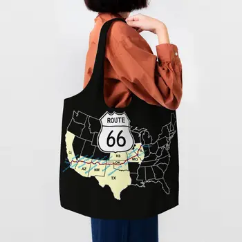 Komik Baskı Rota 66 Harita alışveriş çantası Dayanıklı Tuval Omuz Shopper ABD Karayolları Çanta Fotoğrafçı Çanta