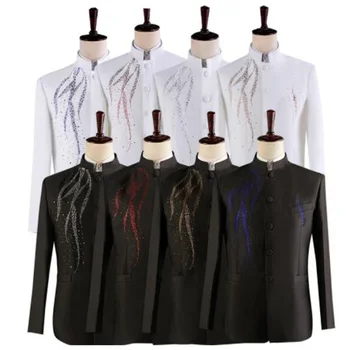 Kostüm Takım Elbise Erkekler Blazers Seti Pantolon Sanatsal Muayene Şarkıcı Sequins Çin Ana Elbise Sahne Performansı Siyah Beyaz