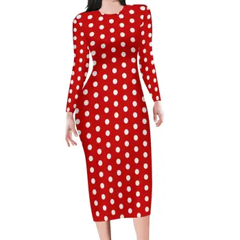 Kırmızı Beyaz Polka Dot Bodycon Elbise Bayan Vintage Baskı Güzel Elbiseler Tatil Uzun Kollu Streetwear Grafik elbise Büyük Boy 5XL