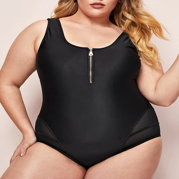 Siyah Kadın Artı Boyutu Tek Parça Mayo Fermuar Ön Bodysuit Seksi Büyük Boy Bikini Mayo Monokini Beachwear mayo