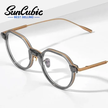 SunCubıc Asetat Titanyum Gözlük Çerçeve Erkekler Vintage Poligon Reçete Gözlük Kadın Miyopi Optik Gözlük Gözlük JS65