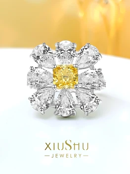 Tatlı Çiçek Sarı Elmas 925 Gümüş Yüzük Yüksek Karbonlu Elmas Küçük Tasarım Çok Yönlü Tarzı Kore Versiyonu Kadın