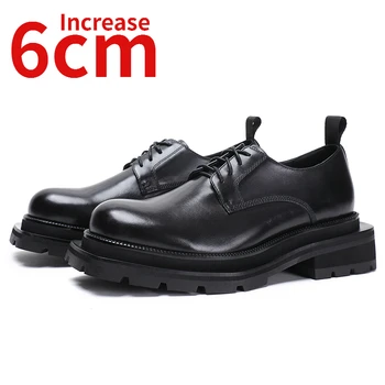 Yüksek Sınıf Kare Kafa Derby Ayakkabı Erkekler Kalın Tabanlar ve Yükseklik Artışı 6cm Hakiki Deri El Dikişli Rahat deri ayakkabı Erkekler için