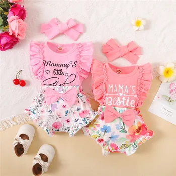 0-18Months Yenidoğan Bebek Kız Giysileri anne Kız Baskı Kolsuz Romper Üst + Çiçekler Şort + Kafa Bandı Yaz Güzel 3 ADET Kıyafet