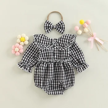 2 Adet Bebek Kız Güz Kıyafet Ekose Bebek Yaka Uzun Kollu fırfırlı kıyafet Kafa Bandı Seti Bebekler için 0-18 Ay