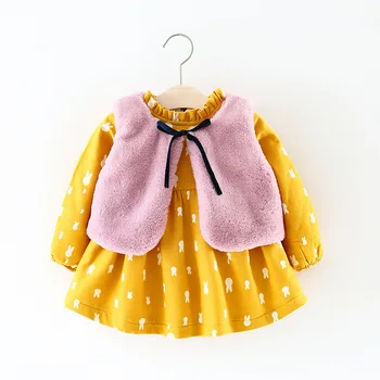 2 Adet / takım Kalın Sonbahar Kış Yenidoğan Bebek Kız Giysileri Yelek + Uzun Kollu Çocuk Elbise Bebek Kıyafeti