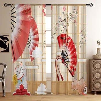 2 Panel Japon Tarzı Perdeler Fan Kedi ahşap kapı Kiraz Çiçeği Saydam Kısa Perde Oturma Odası Yatak Odası Ev Dekor İçin