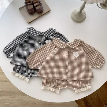2023 Sonbahar Yenidoğan Bebek Kız Giysileri Setleri Pamuk Ekose Bluzlar Tops + Dantel Fırfır Pantolon 2 Adet Toddler Kız Giysileri Kıyafetler Takım Elbise