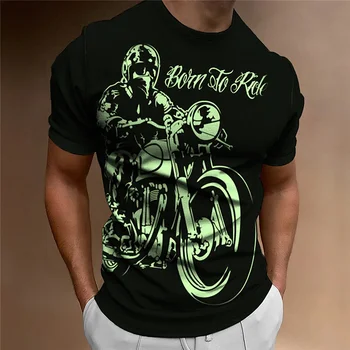 2023 Yaz erkek tişört 3D yazıcı motosiklet desen rahat yuvarlak boyun kısa kollu büyük boy sokak giyim gevşek üst