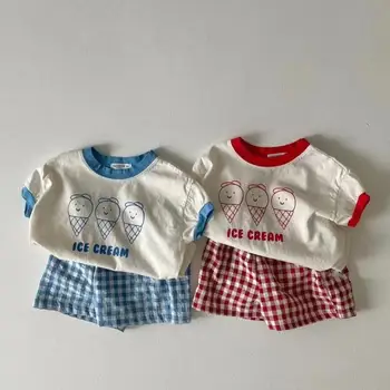 2023 Yaz Yeni Bebek Sevimli Dondurma Baskı Giyim Seti Bebek Kısa Kollu T Shirt + Şort 2 adet Set Pamuk Rahat Erkek Kız Takım Elbise
