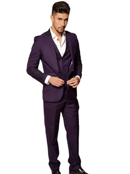 3 adet (Ceket+Pantolon+Yelek)koyu Mor Erkek Takım Elbise Çentik Yaka Tasarım Slim Fit Parti Balo Smokin Yakışıklı Evlilik Damat Düğün Takımları