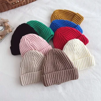48-52cm Çocuk Şeker Renk Örme Şapka 2023 Sonbahar ve Kış Kumaş Etiket Erkek ve Kız Sıcak Kazak Şapka çocuk kasketleri