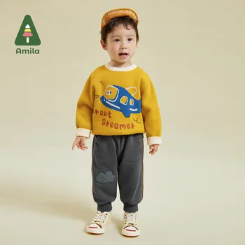 Amila Erkek Bebek Pantolon 2023 Sonbahar Yeni Ay Cepler Her İki Tarafta Tren Baskı Tasarım Pamuk günlük pantolon çocuk Giysileri
