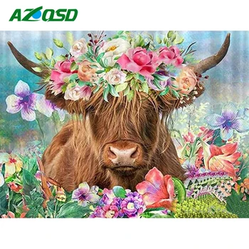 AZQSD 5D Elmas Mozaik Hayvan Sığır Elmas Boyama Boğa Tam Yuvarlak Matkap Nakış Çiçek Yeni Ev Dekorasyon DIY Hediye