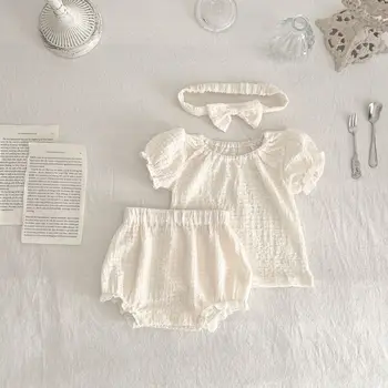 Bebek Giyim Seti Kore beyaz Üstleri Toddler Kız Elbise Çocuklar Prenses Tee + kısa pantolon + kafa bandı Yaz Bebek Setleri