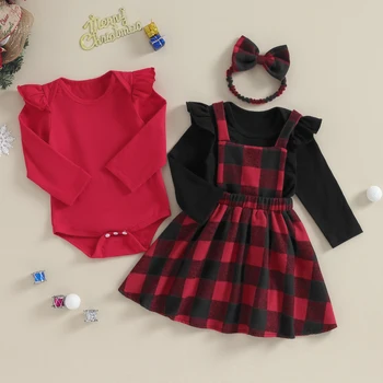 Bebek Kız Güz Kıyafetler Düz Renk Ekip Boyun Uzun Kollu Tulum Ekose Askı Etekler Kafa Bandı 3 Adet Giyim Seti