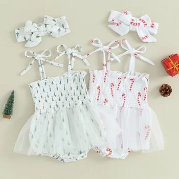 Bebek Kız Noel Giysileri Kamışı / Noel Ağacı Baskı Kolsuz Romper Elbise ve Kafa Bandı 2 Parça Kıyafetler