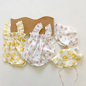 Bebek Kız Yaz Giyim Toddler Fırfır Kolsuz Baskı Çiçek Kız Sevimli Tulum Bebek 6M 9M 12M 24M Günlük günlük kıyafetler