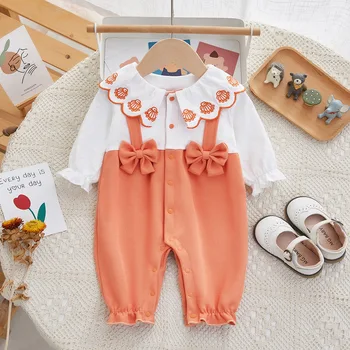 Bebek Romper Sonbahar Kız Giyim İşlemeli Kayış Ön Açık Düğme Yenidoğan Uzun Kollu bodysuit