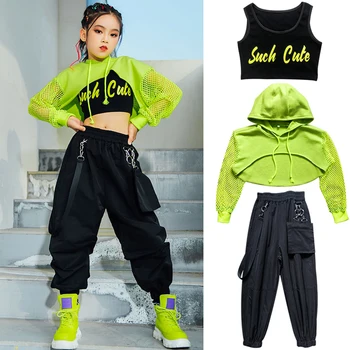Caz Kostüm Hip Hop Kız Giyim Yeşil Üstleri Net Kollu Siyah Hip Hop Pantolon Çocuklar İçin Performans Modern Dans Elbise