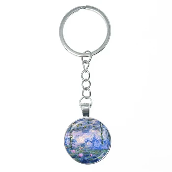 Claude Monet Yağlıboya Ayçiçeği Haşhaş Anahtarlık Cam Cabochon Anahtarlık çanta Araba Anahtarlık Halka Tutucu uğurlu takı Hediyeler