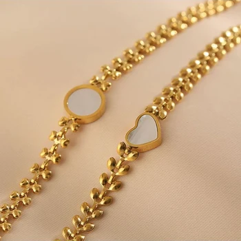 Deniz kabuğu Bilezik Kadınlar için Yuvarlak Aşk Kalp Kolye Buğday Zincir Altın Renk Titanyum Çelik Charm moda takı Hediye (GB814)