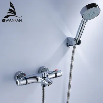 Duş Musluk Pirinç Krom Gümüş Banyo Termostatik Duş Bataryası El Duvara Monte Küvet Duş musluk bataryası Seti WF-18047
